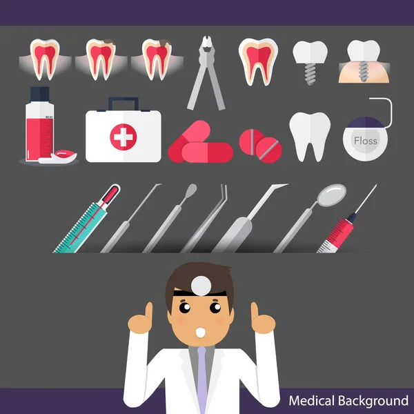 Medical dental background design. Dentist with teeth, drugs, den — Stock Vector