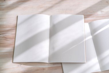 Katalog, dergi boş, sahte ahşap arka plan üzerinde kitap