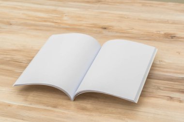 Katalog, dergi boş, sahte ahşap arka plan üzerinde kitap