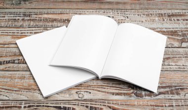Katalog, dergi boş, sahte ahşap arka plan üzerinde kitap .