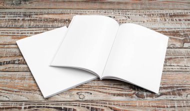 Katalog, dergi boş, sahte ahşap arka plan üzerinde kitap .
