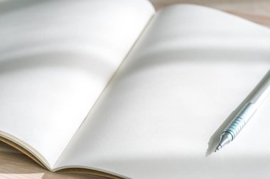 Katalog, dergi boş, sahte kalem üzerinde tahta arka plan ile kitap.