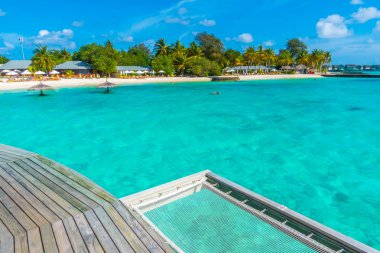 Tatil tropikal Maldivler Adası ve deniz mercan resifleri ile güzelliği net koltukta