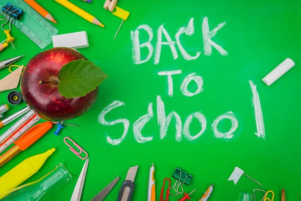 School Supplies Green Chalkboard Back School Background — Stock Photo, Image