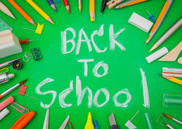 School Supplies Green Chalkboard Back School Background — Stock Photo, Image