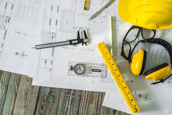 Bouwplannen Met Helm Tekening Tools Blauwdrukken — Stockfoto