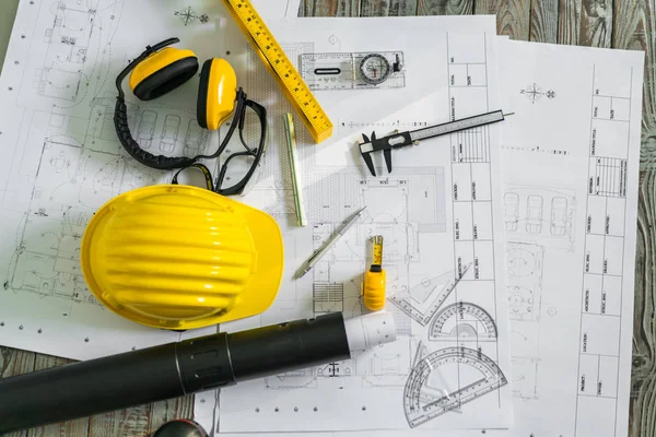 Bouwplannen Met Helm Tekening Tools Blauwdrukken — Stockfoto