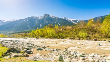 Güzel nehir ve kar kaplı dağlar manzara Kashmir st