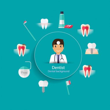 Tıbbi diş arka plan tasarımı. Diş hekimi diş ile. Vektör hastası