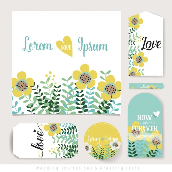 Design de cartão de convite de casamento com modelos de flores bonitos. Vecto. — Vetor de Stock