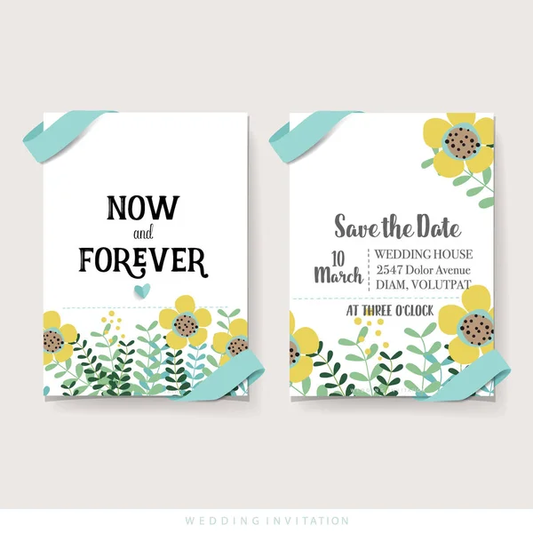 Diseño de tarjetas de invitación de boda con lindas plantillas de flores. Vecto. — Vector de stock