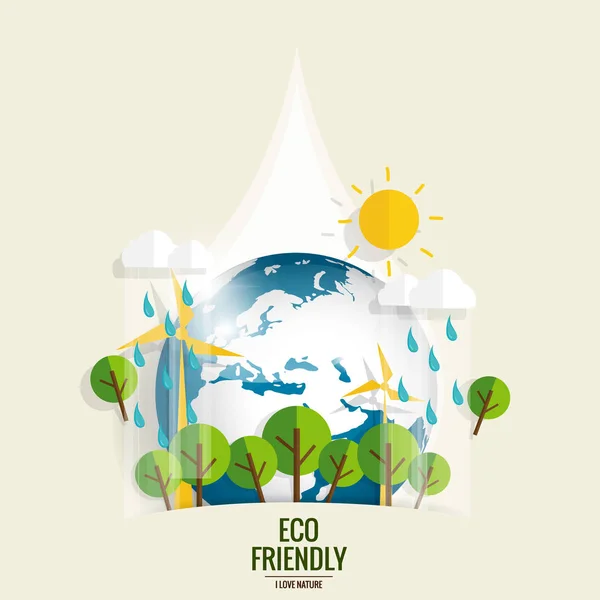 ECO FRIENDLY. Ecology concept with Green Eco Earth and Trees. Ve — Stock Vector