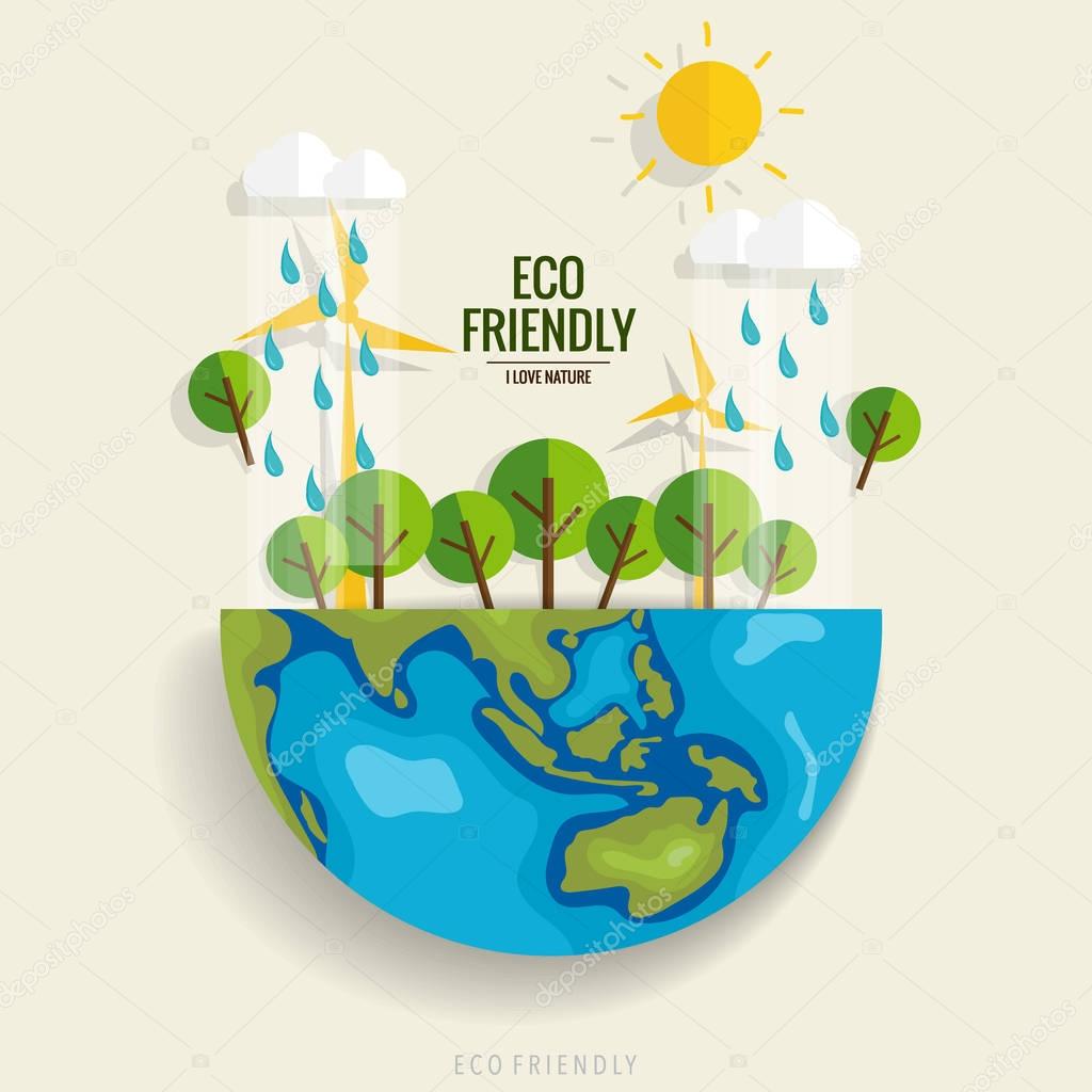 ECO FRIENDLY. Ecology concept with Green Eco Earth and Trees. Ve