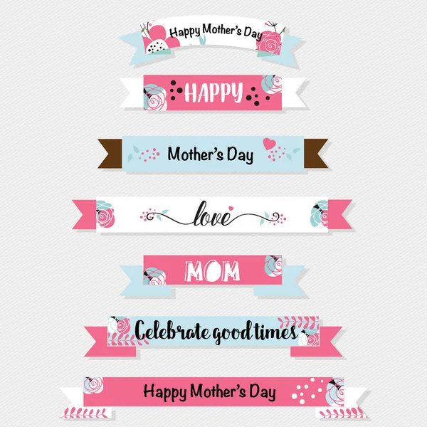 Feliz Dia das Mães, bouquets florais com fita e coração, vecto —  Vetores de Stock