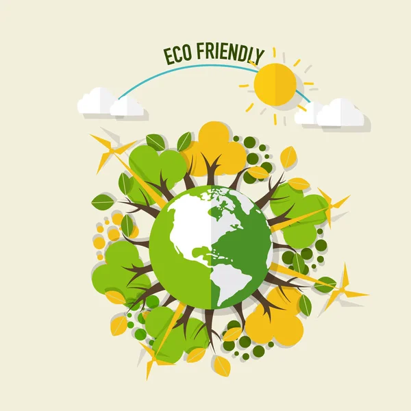 ECO FRIENDLY. Ecology concept with Green Eco Earth and Trees. Ve — Stock Vector