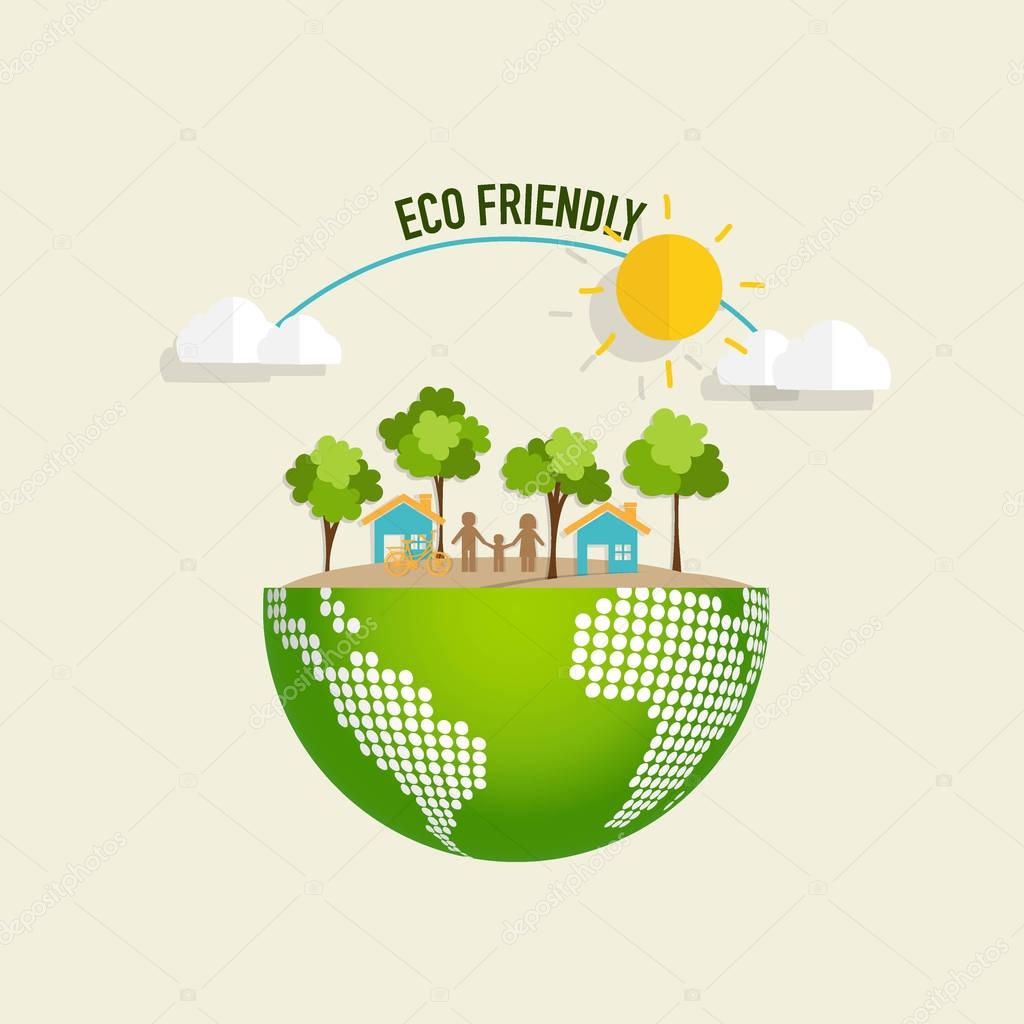 ECO FRIENDLY. Ecology concept with Green Eco Earth and Trees. Ve