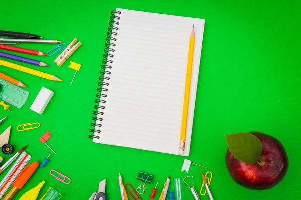 School supplies on Green chalkboard " Back to school background — Stock Photo, Image