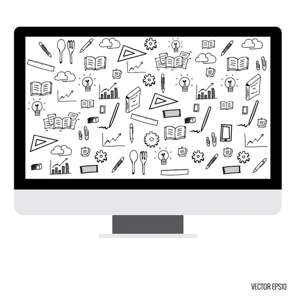 Exibição de computador com ícones de aplicativos. Ilustração vetorial — Vetor de Stock