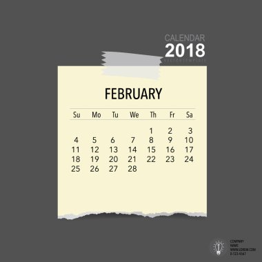 2018 Takvim Planlayıcı Vektör Tasarımı, Şubat ayı için aylık takvim şablonu.