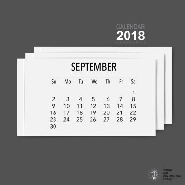 Eylül ayı için 2018 Takvim planlayıcı vektör tasarımı, aylık takvim şablonu.
