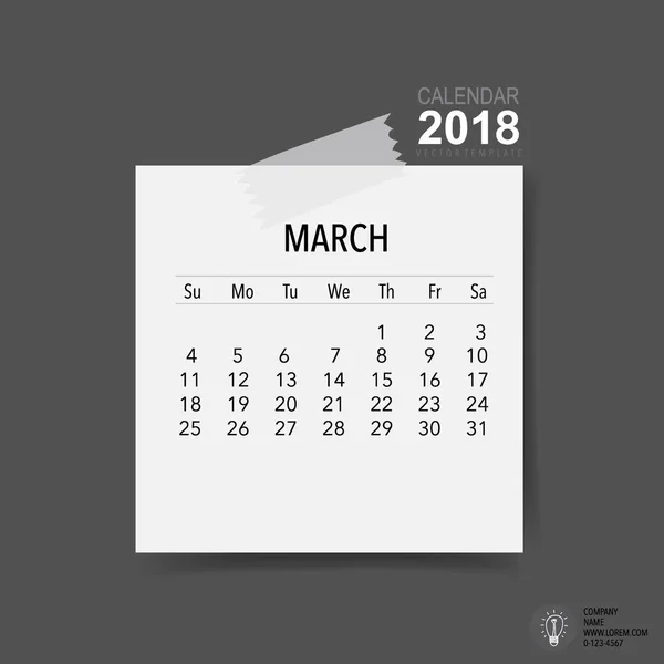 2018 Projeto Vetorial Planejador Calendário Modelo Calendário Mensal Para Março — Vetor de Stock