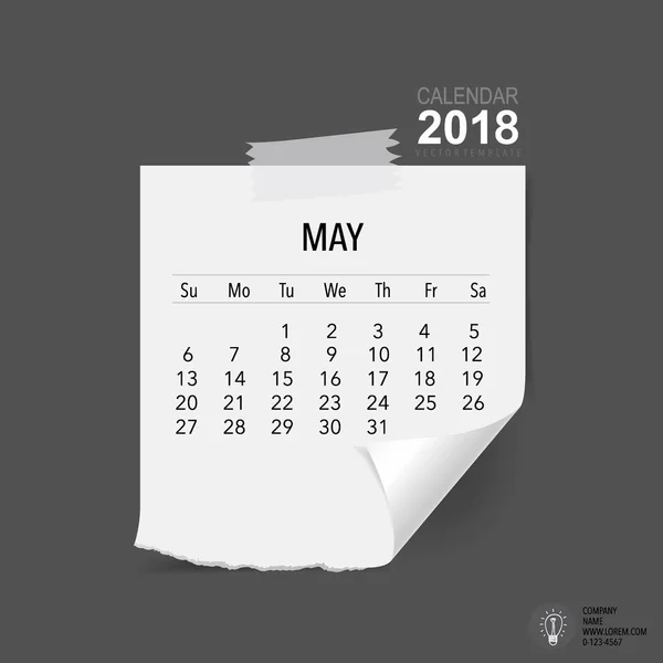 Conception Vectorielle Planificateur Calendrier 2018 Modèle Calendrier Mensuel Pour Mai — Image vectorielle