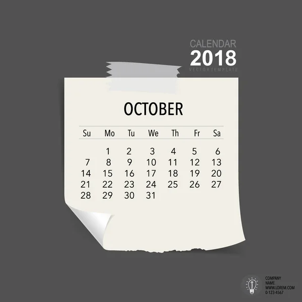 Conception Vectorielle Planificateur Calendrier 2018 Modèle Calendrier Mensuel Pour Octobre — Image vectorielle