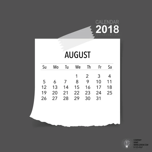 Diseño Vectores Planificador Calendario 2018 Plantilla Calendario Mensual Para Agosto — Vector de stock