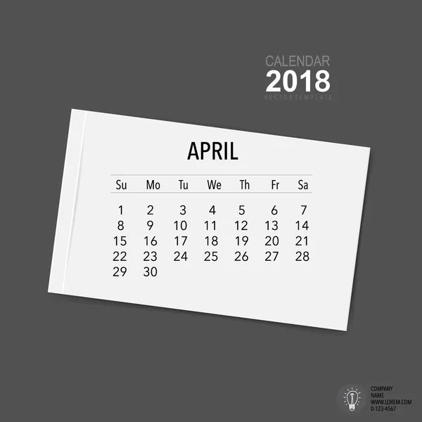 2018 Kalenderplaner Vektordesign Monatliche Kalendervorlage Für April — Stockvektor