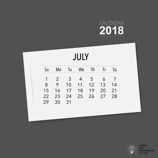 2018 Projeto Vetorial Planejador Calendário Modelo Calendário Mensal Para Julho —  Vetores de Stock
