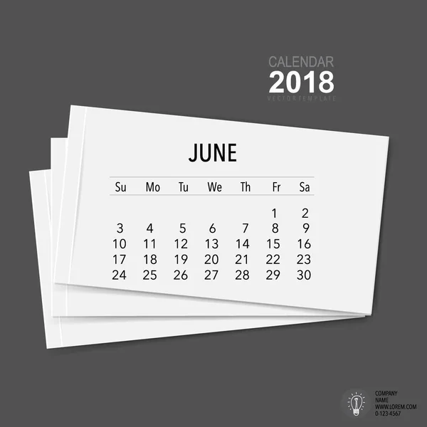 Diseño Vectores Planificador Calendario 2018 Plantilla Calendario Mensual Para Junio — Vector de stock