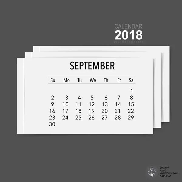 Eylül Ayı Için 2018 Takvim Planlayıcı Vektör Tasarımı Aylık Takvim — Stok Vektör