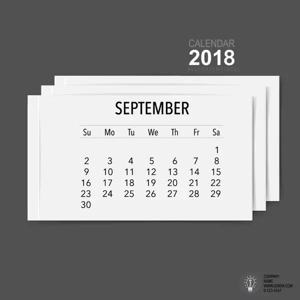 2018 Kalenderplaner Vektordesign Monatliche Kalendervorlage Für September — Stockvektor