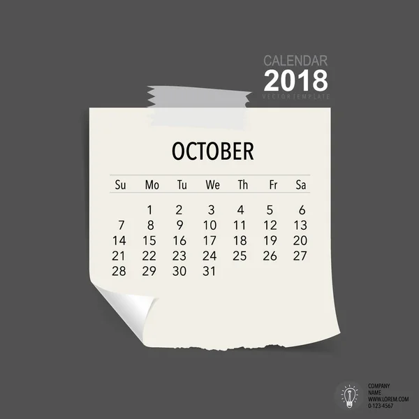 2018 Projektowanie Wektora Kalendarza Szablon Kalendarza Miesięcznego Październik — Wektor stockowy