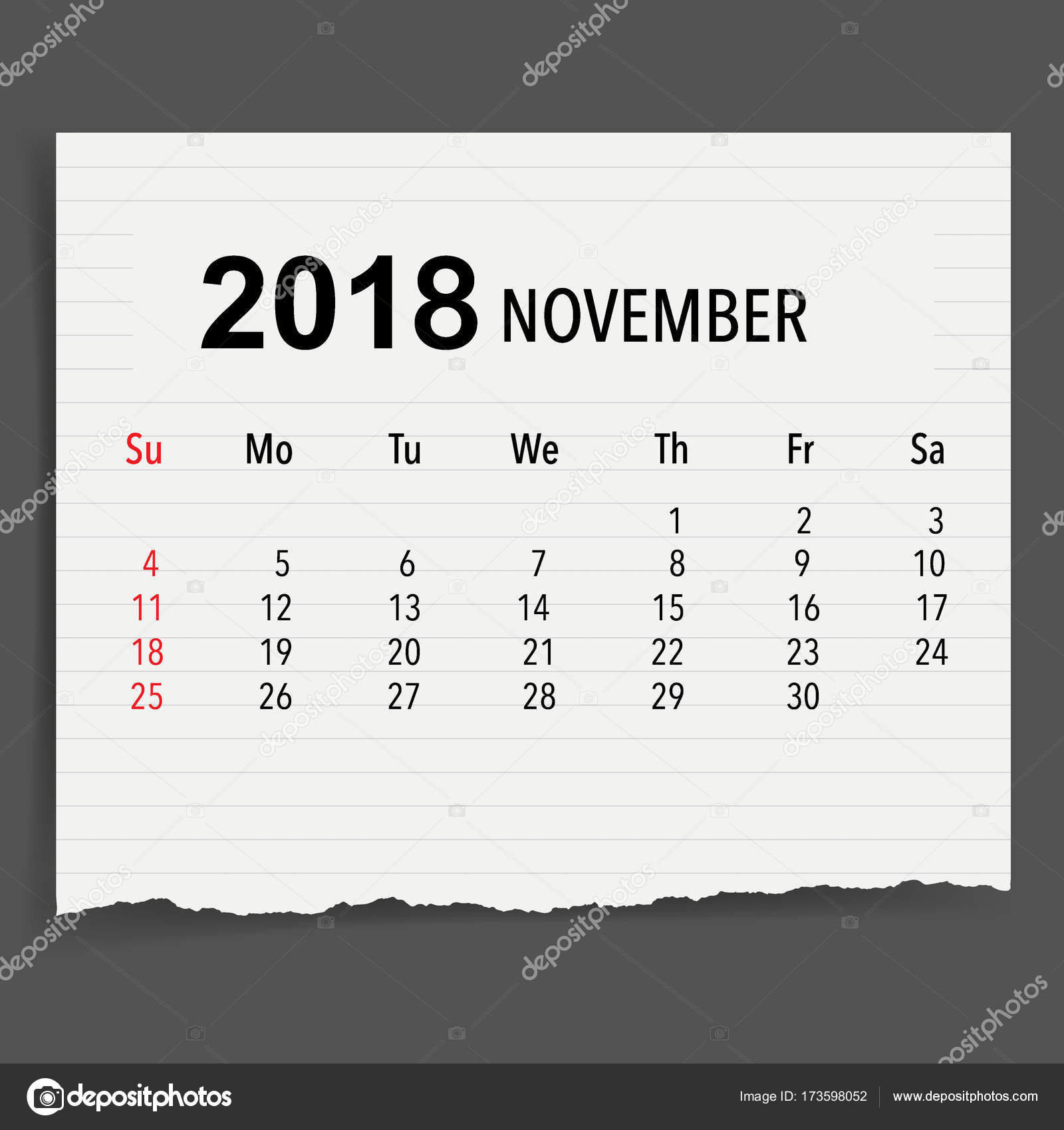 2018 Calendar Planner Vector Design Monthly Calendar Template November  Stock Vector by ©jannystockphoto 173598052, image size:1600x1700