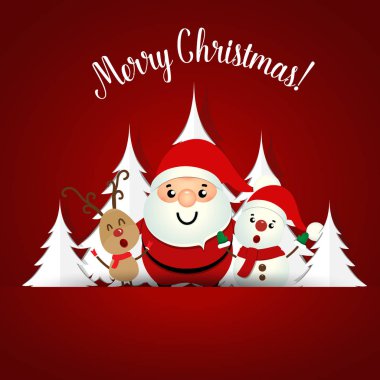 Noel Noel Baba, kardan adam ve Ren geyiği ile Noel tebrik kartı. Vektör çizim.