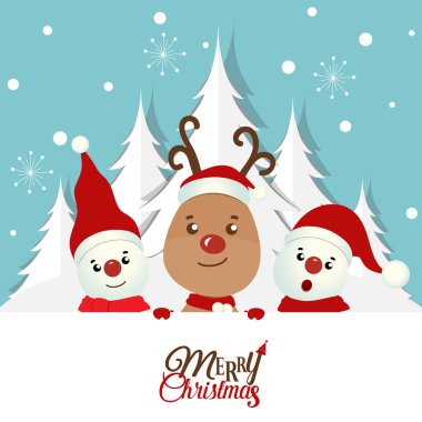 Kardan Adam ve Ren Geyiği ile Noel tebrik kartı. Vektör illüstrasyonu.