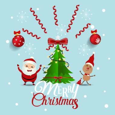 Noel Noel Baba, kardan adam ve Ren geyiği ile Noel tebrik kartı. Vektör çizim.