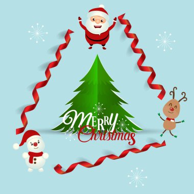 Noel Noel Baba, kardan adam ve Ren geyiği ile Noel tebrik kartı. Vektör çizim.