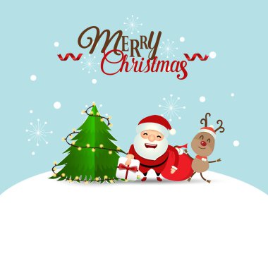 Noel Baba, ren geyiği ve Noel ağacı ile Noel tebrik kartı. Vektör illüstrasyonu.