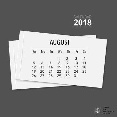 2018 Takvim Planlayıcı Vektör Tasarımı, Ağustos ayı için aylık takvim şablonu.