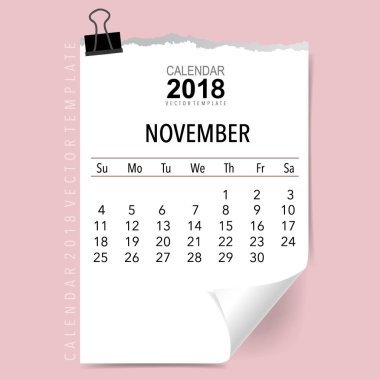 Kasım ayı için 2018 Takvim planlayıcı vektör tasarımı, aylık takvim şablonu.