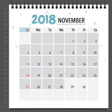 Kasım ayı için 2018 Takvim planlayıcı vektör tasarımı, aylık takvim şablonu.
