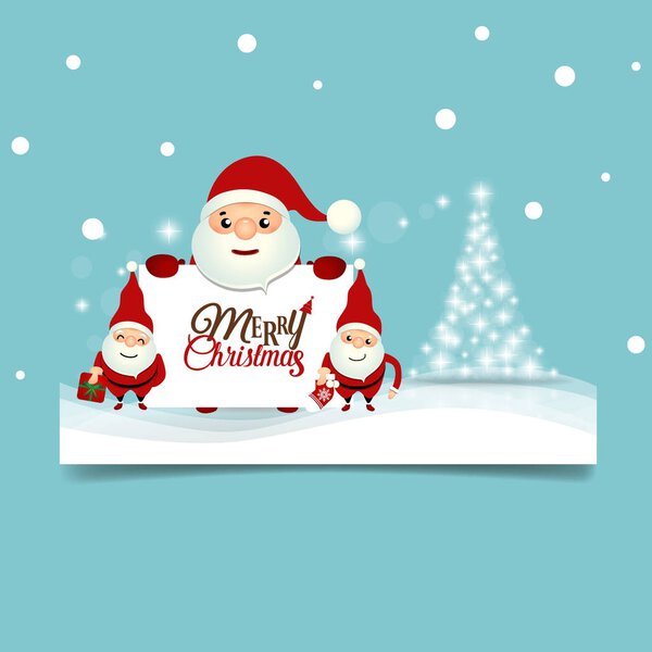 Christmas Greeting Card with Santa Claus and Christmas tree. Vector illustration.