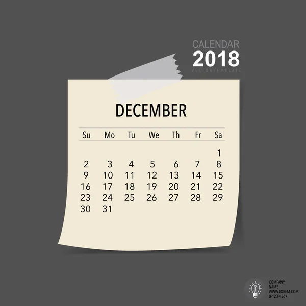 Diseño Vectores Planificador Calendario 2018 Plantilla Calendario Mensual Para Diciembre — Archivo Imágenes Vectoriales