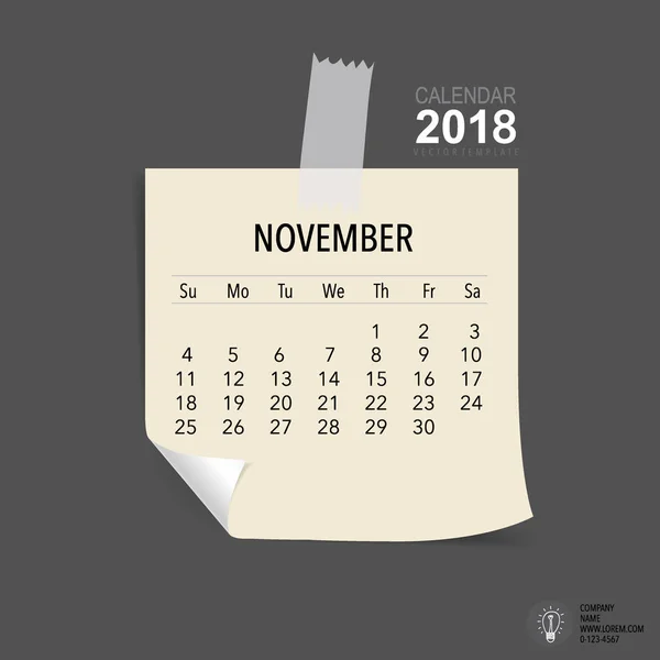 2018 Projeto Vetorial Planejador Calendário Modelo Calendário Mensal Para Novembro — Vetor de Stock