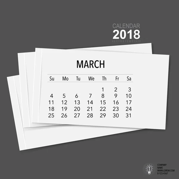 2018 Kalenderplaner Vektor Design Monatliche Kalendervorlage Für März — Stockvektor