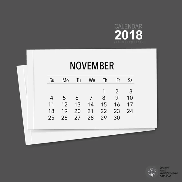 2018 Kalender Planner Vector Ontwerp Maandelijkse Kalender Template Voor November — Stockvector