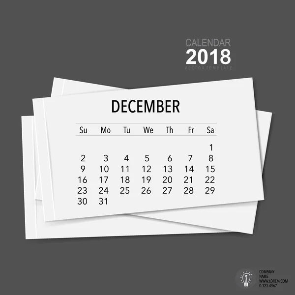 Diseño Vectores Planificador Calendario 2018 Plantilla Calendario Mensual Para Diciembre — Archivo Imágenes Vectoriales