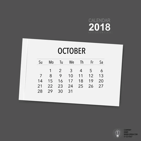 2018 Takvim Planlayıcı Vektör Tasarımı Ekim Ayı Için Aylık Takvim — Stok Vektör